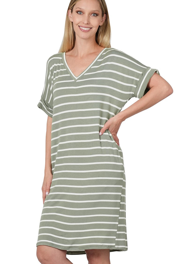 STRIP V-NECK DRESS