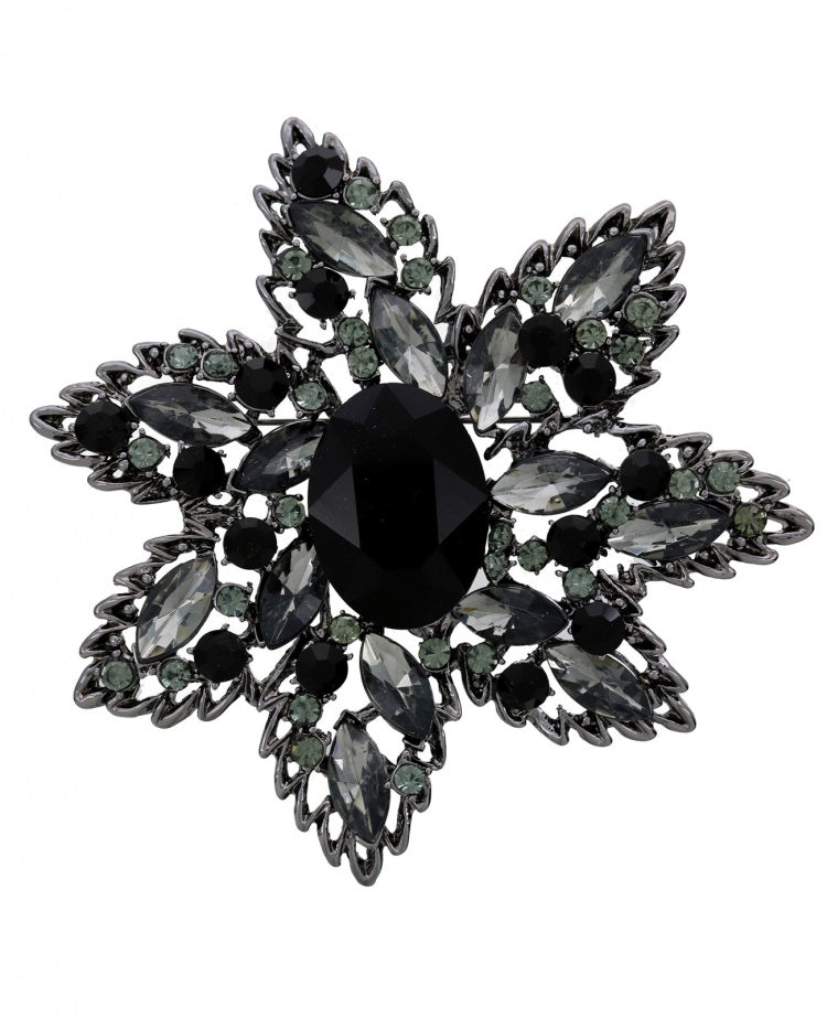 CRYSTAL BLACK FLOWER BROOCH