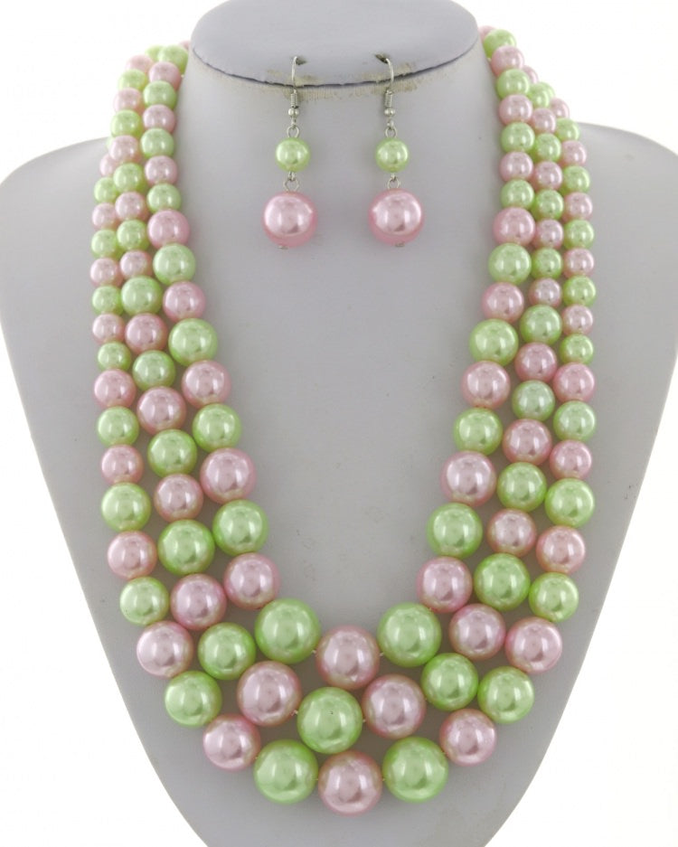 TRIPLE STRAND PINK AND GREEN NECKLACE SET