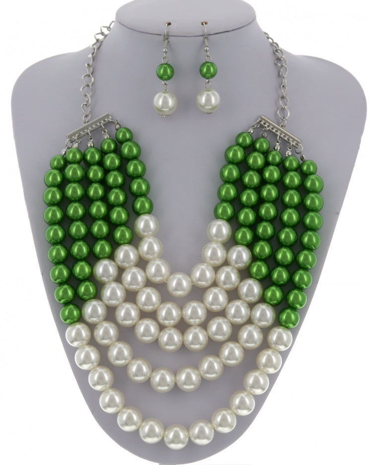 MULTI STRAND GREEN PEARL STATEMENT NECKLACE AND EARRING SET
