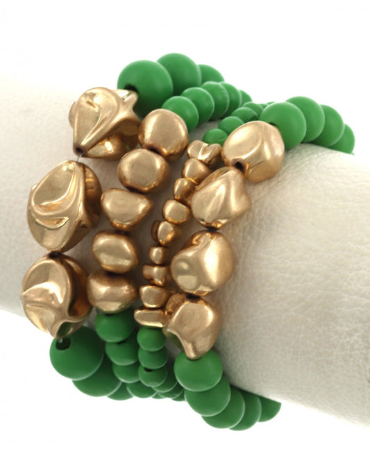 WOOD BEADED GREEN STRECHY BRACELET