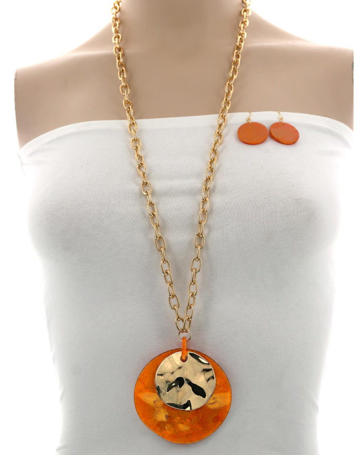 Round Pendant Orange Long Necklace Set