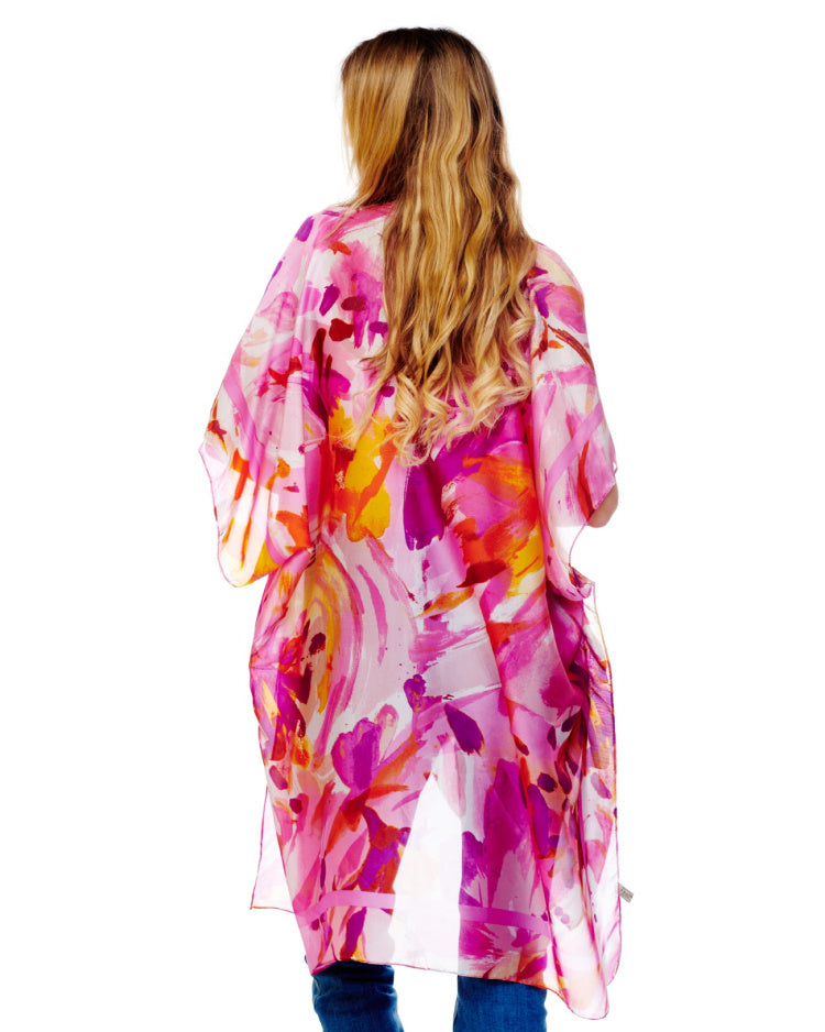 FLORAL LAVENDER/ORANGE SILKY KIMONO