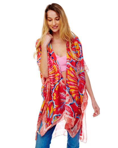 FLORAL PRINTED RED/FUCHSIA SILKY KIMONO