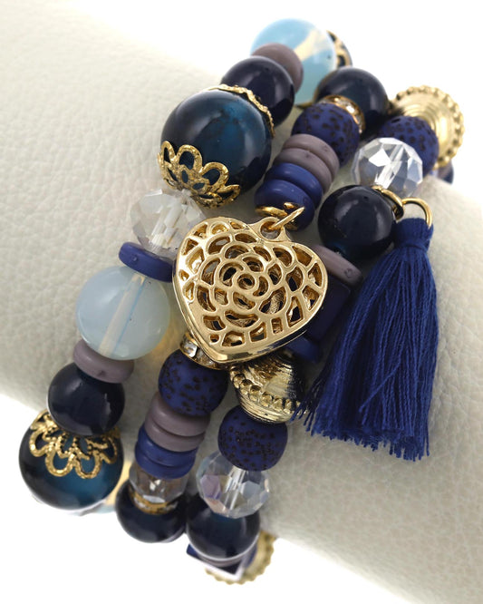 MULTILAYER NAVY BEADED HEART STRETCH BRACELET