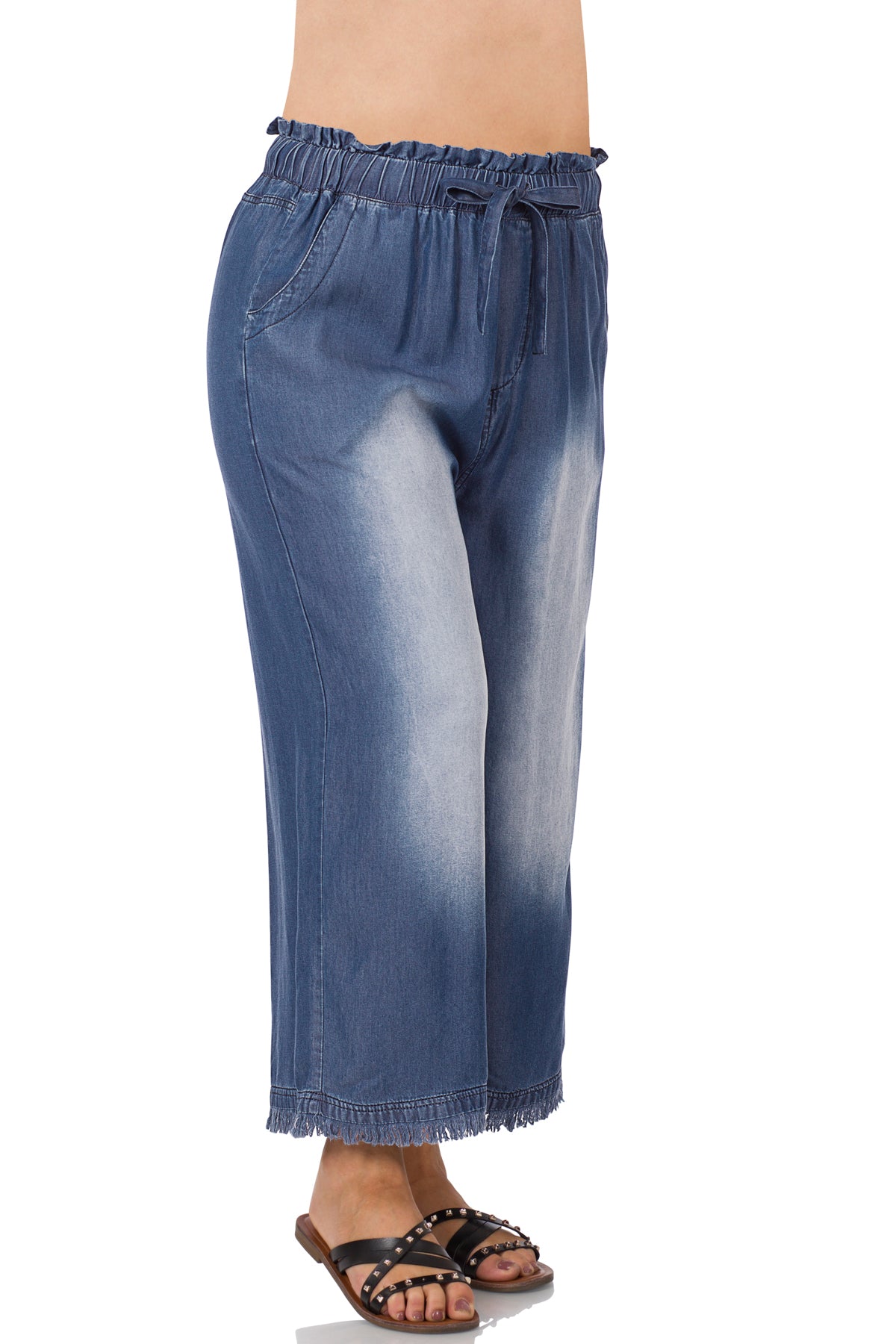 PLUS CHAMBRAY PAPERBAG WAIST WIDE LEG CROP PANTS