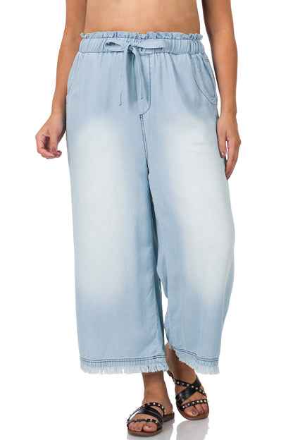 PLUS CHAMBRAY PAPERBAG WAIST WIDE LEG CROP PANTS