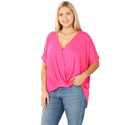 PLUS RAYON SPAN CREPE LAYERED-LOOK DRAPED FRONT TOP