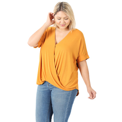 PLUS RAYON SPAN CREPE LAYERED-LOOK DRAPED FRONT TOP