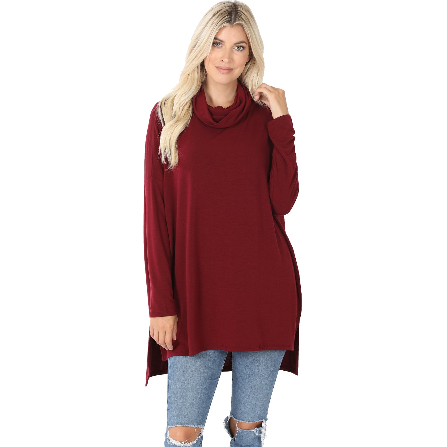 PLUS COWL NECK LONG SLEEVE HI-LOW TOP