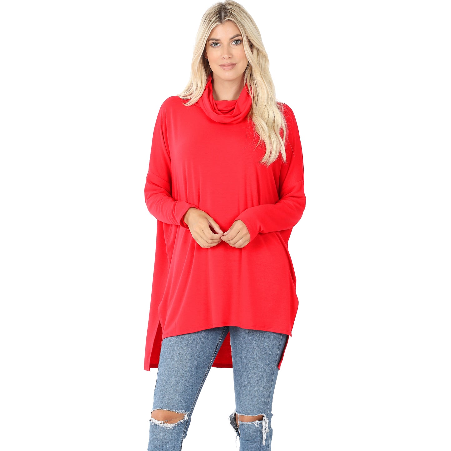 PLUS COWL NECK LONG SLEEVE HI-LOW TOP